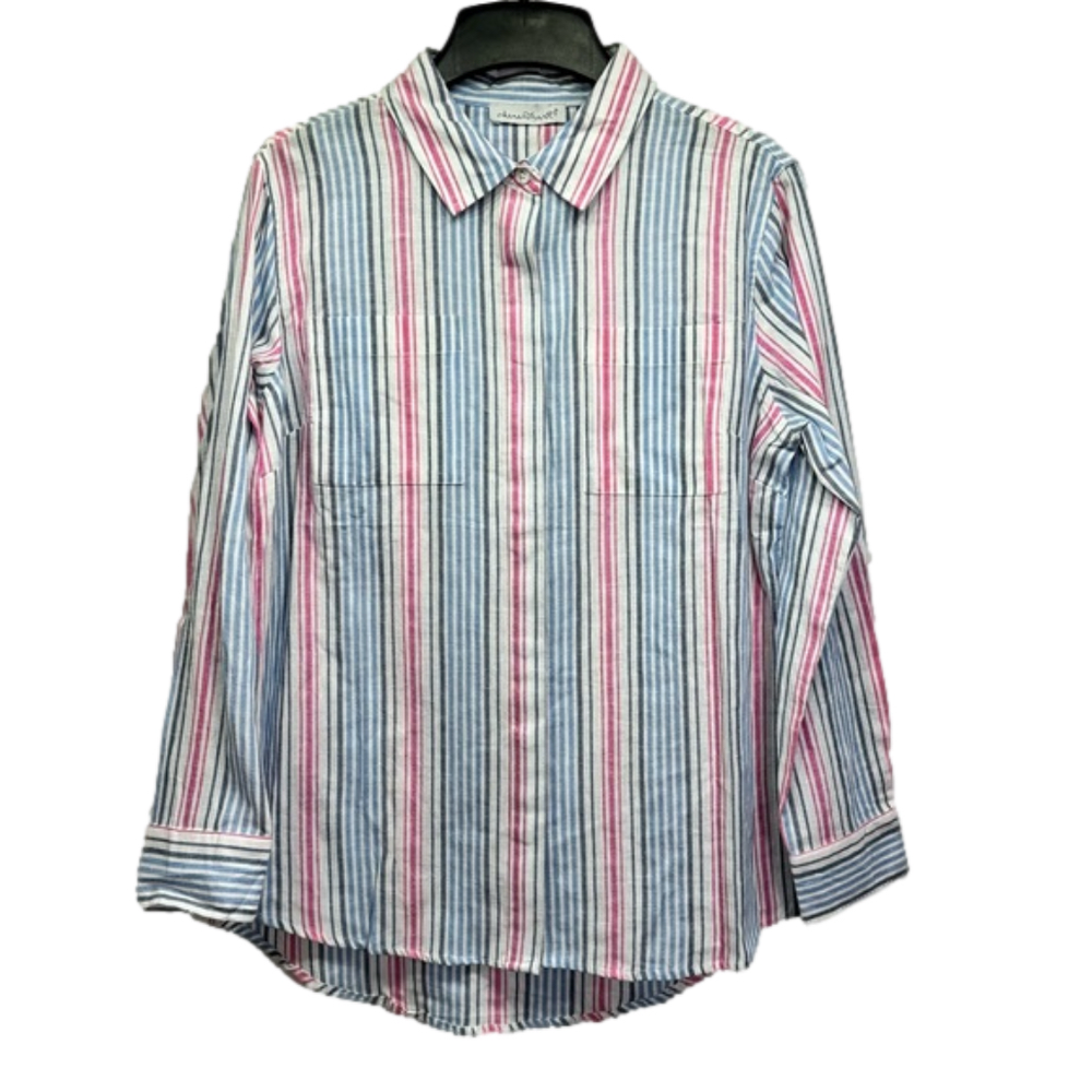 Keren Hart Lightweight Pink & Blue Striped Button Front Oxford Shirt Size XL